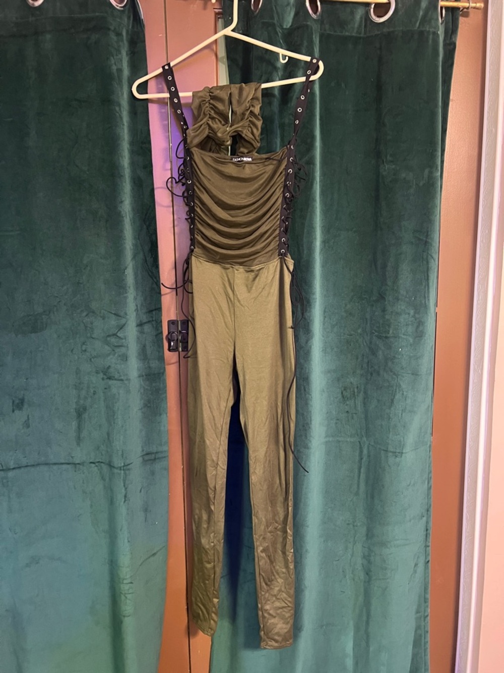 Fashion Nova Olive Lace-Up Ruched Jumpsuit with gloves